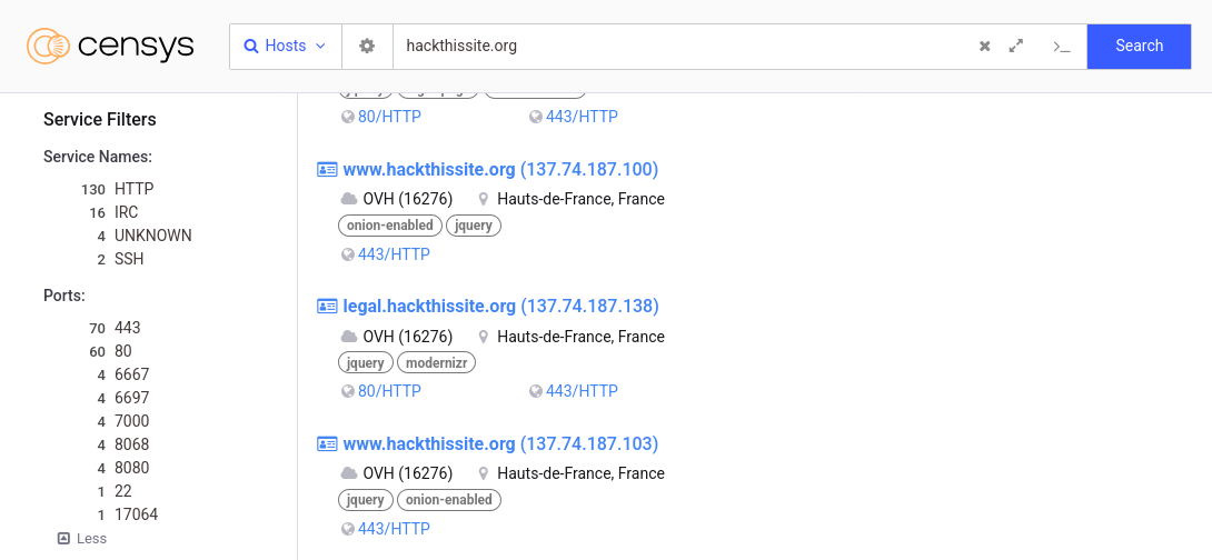 Censys search results for hackthissite.org